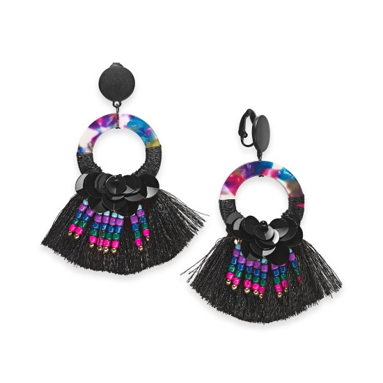  Two-Tone Sequin, Bead, Multicolor Hoop & Fringe Clip-On Drop Earrings