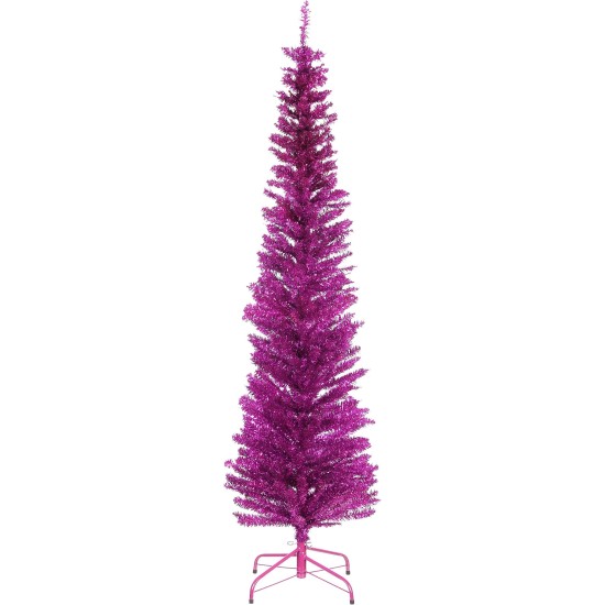  Artificial Christmas Tree, Purple Tinsel, Includes Stand, 6 feet