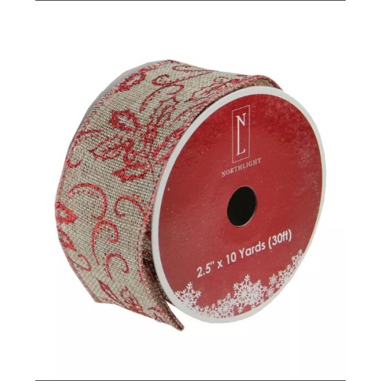 Red and Beige Christmas Wired Craft Ribbon 2.5 x 10 Yards