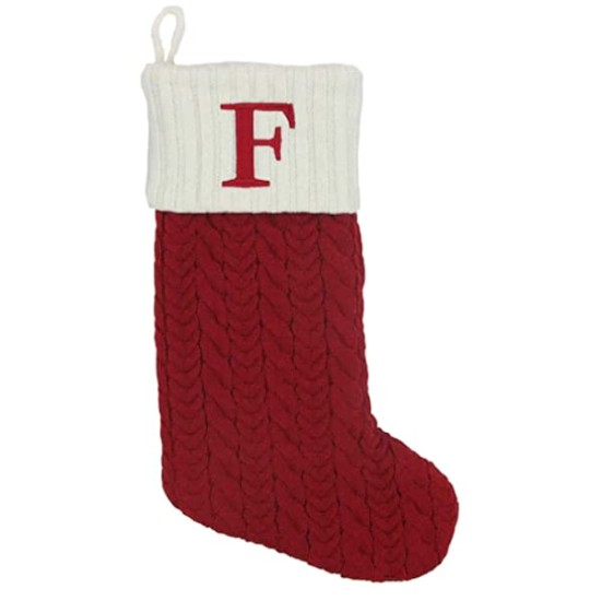  21-inch Monogram Embroidered Initial Cable Knit Red Christmas Holiday Stocking Letter F