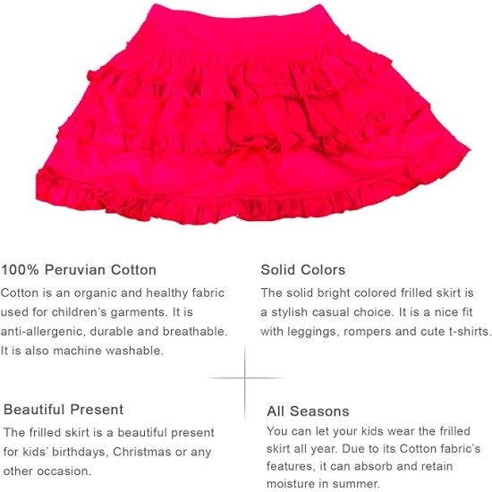  Toddler Baby Girls Frilled Skirt – Peruvian Pima Cotton, Elastic Waist, Pull-On, Solid Colors, Hot Pink, 5
