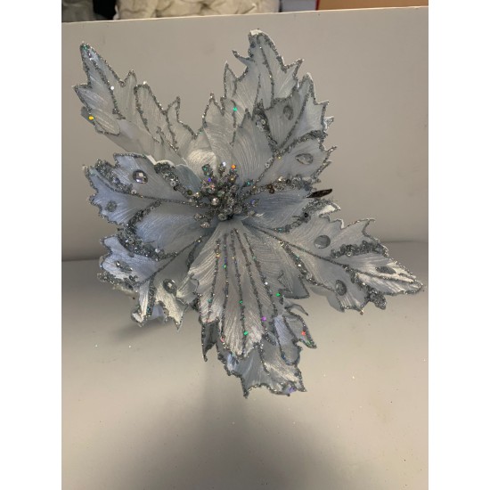 Velvet Poinsettia Aritificial Christmas Pick Artificial-Flowers, 26″, Silver, 3 Piece