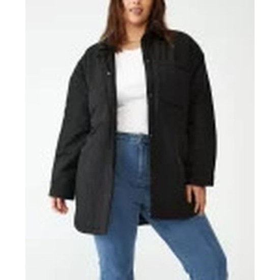  Trendy Plus Size Puffer Shacket Jacket, Black, 16W/18W