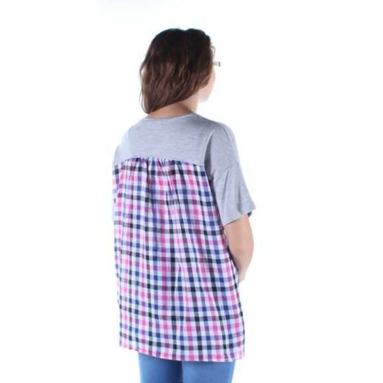 G.H.  & Co. Top Jersey Knit Front Linen Plaid Back Top, Gray, X-Small