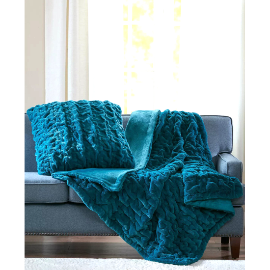  Ruched Faux-Fur Throw, 50″ x 60″ – Teal