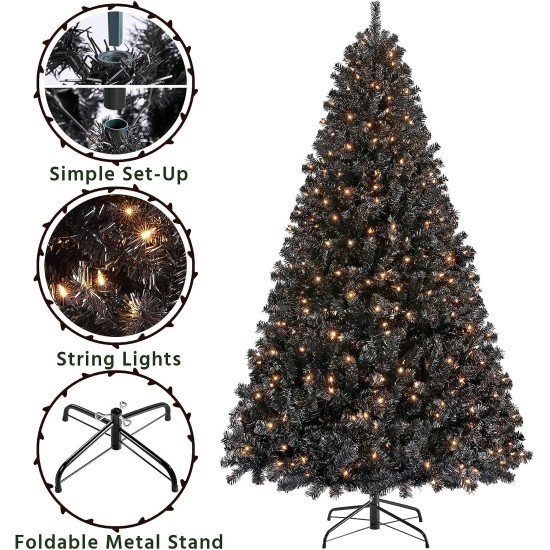  7.5′, Pre-Lit, Artificial Hinged Christmas Pine Tree, Black