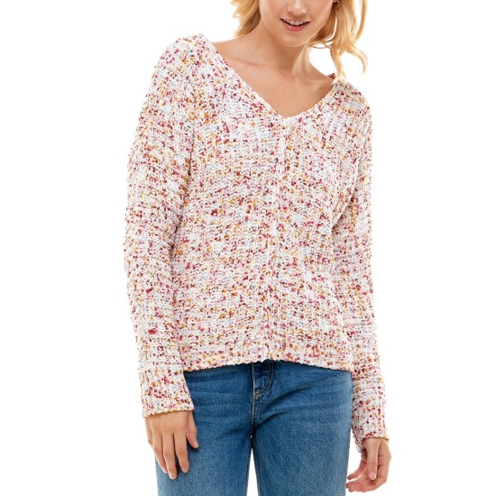  Juniors Marled Chenille V-Neck Sweater, Pink, Large