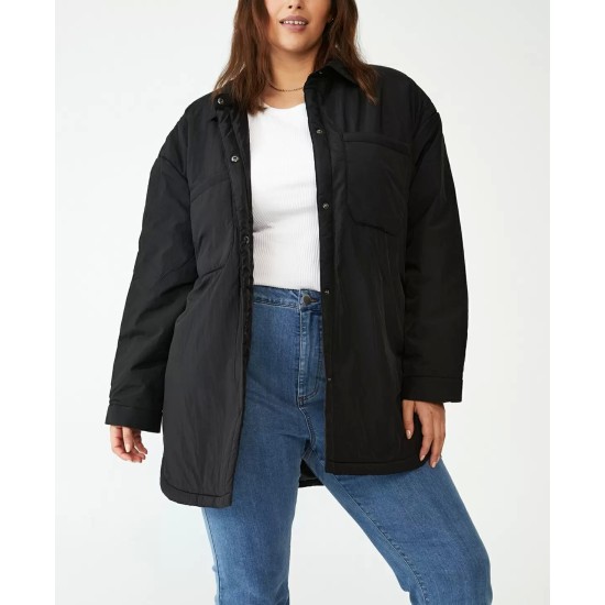  Trendy Plus Size Puffer Shacket Jacket, Black, 20W/22W