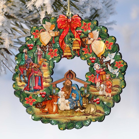 Designocracy Nativity Wreath Wooden Ornaments Set of 2