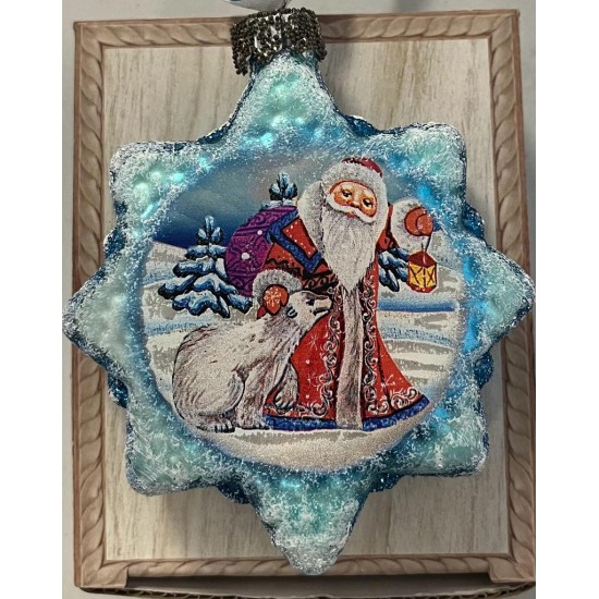  Santa With Polar Bear Glass Ornament, Blue
