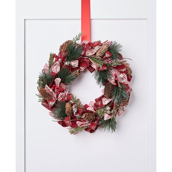  Christmas Cheer Ribbon Pine Cone and Berry Wreath, Green