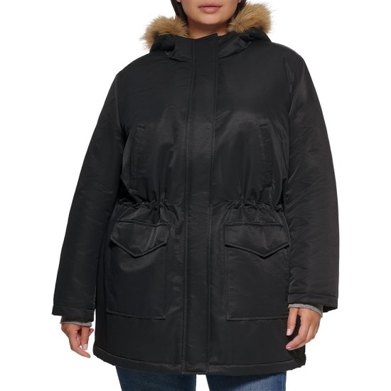 Levi’s Women’s Plus Size Performance Mid-Length Parka Jacket, Black/Sherpa Lining, 1X