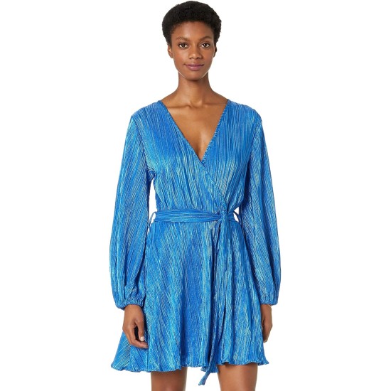  Womens Bellissa Women’s Metallic Pleat Faux-Wrap Dress, Blue/12