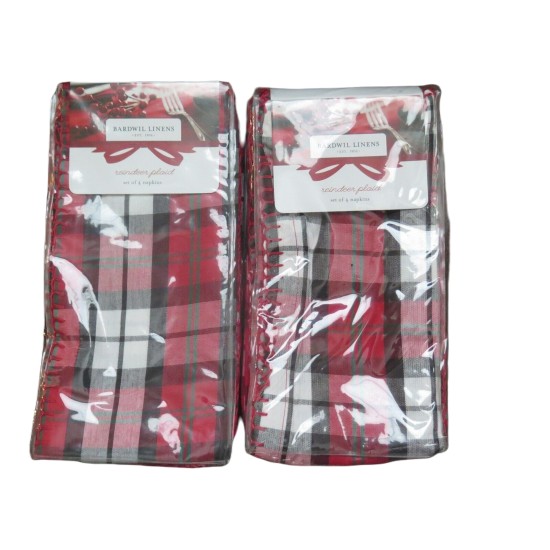  Linens Reindeer Gray Plaid 19″ x 19″ Cloth Napkins,  Set of 4, Red,