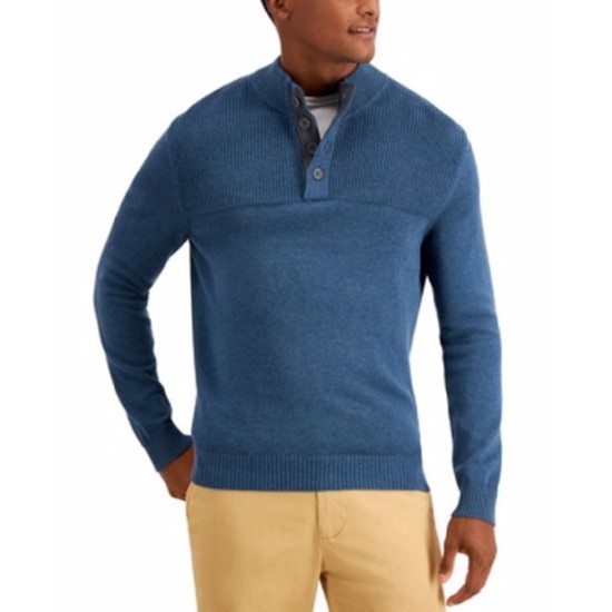  Men’s Ribbed Four-Button Sweater, Blue, X-Large