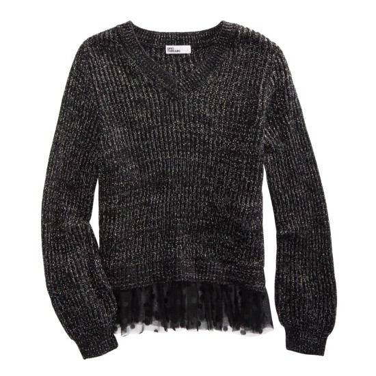  Big Girls Volume-Sleeve Layered-Look Sweater (Black, XL)