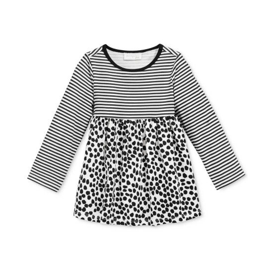  Baby Girls Long-Sleeve Stripes & Dot-Print Tunic (6-9 Months, Black/White)
