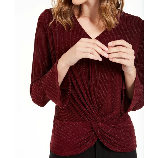  Women’s Knot-Front Metallic-Striped Top, Berry Jam, Medium