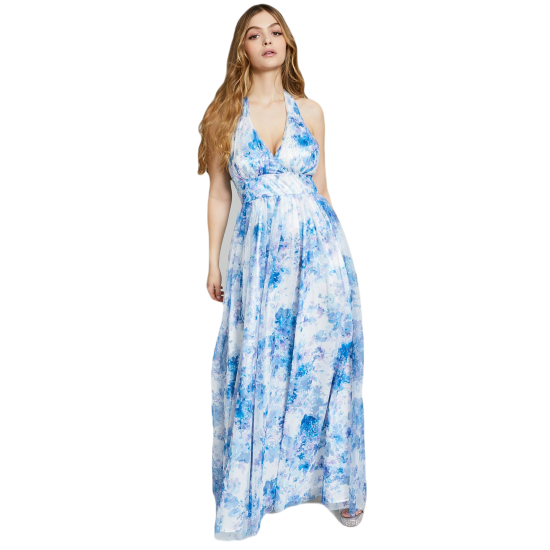  Juniors’ Printed Mesh Gown Dress, Light Blue, 13