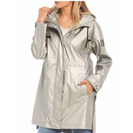  Jeans Long Hooded Rain Coat, Silver, X-Large