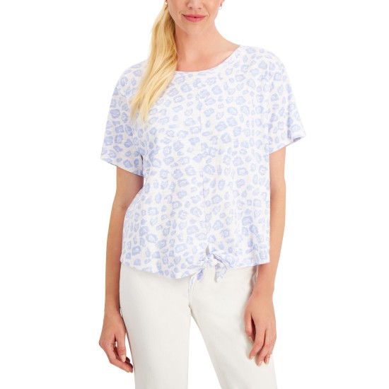  Cotton Animal-Print Tie-Hem T-Shirt, Winter Cottage, Medium