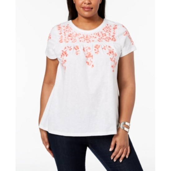  Plus Size Cotton Embroidered Peasant T-Shirt (2X – White)
