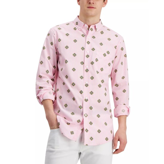 Men’s Crest-Print Shirt, Pink, X-Large