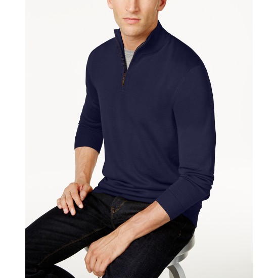 Men’s Quarter-Zip Merino Wool Blend Sweater (Navy, S)