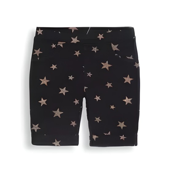  Little Girls Gold Stars on Black Bermuda Shorts, Rolled Cuff, Cotton/Spandex