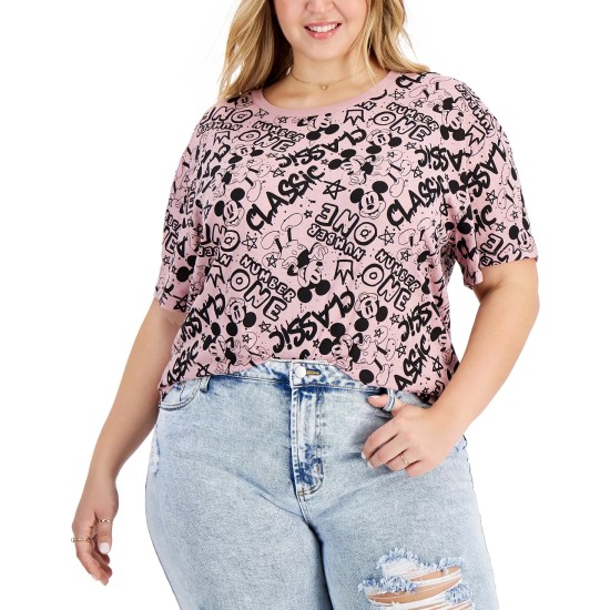  Womens Plus Size Cotton Ribbed Printed Short Sleeve Round Neck T-Shirt, Pink, 1X