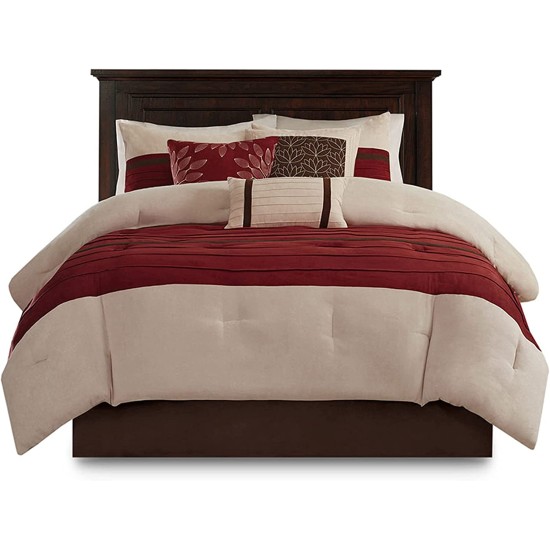  7 Piece Dakota Pieced and Pleated Microsuede Comforter Set, Red/Tan, King