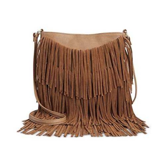 INC Womens Faux Leather Fringe Crossbody Handbag Brown Medium