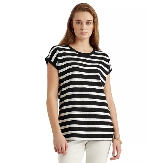  Striped Short Sleeve Sweater,Black, Medium