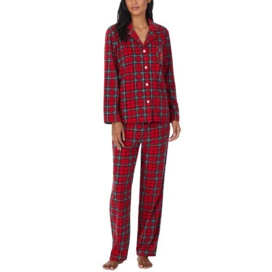  Women's Fleece Plaid Pajamas Set , Red,X-Large