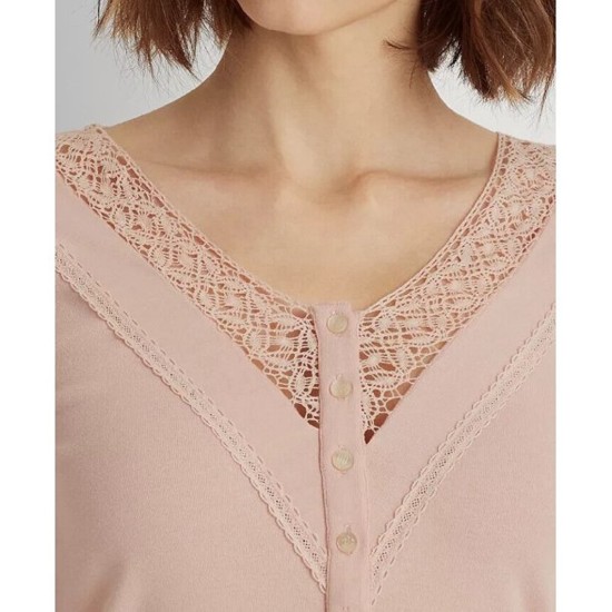  Womens Lace-Trim Henley Top, Pale Pink, Small