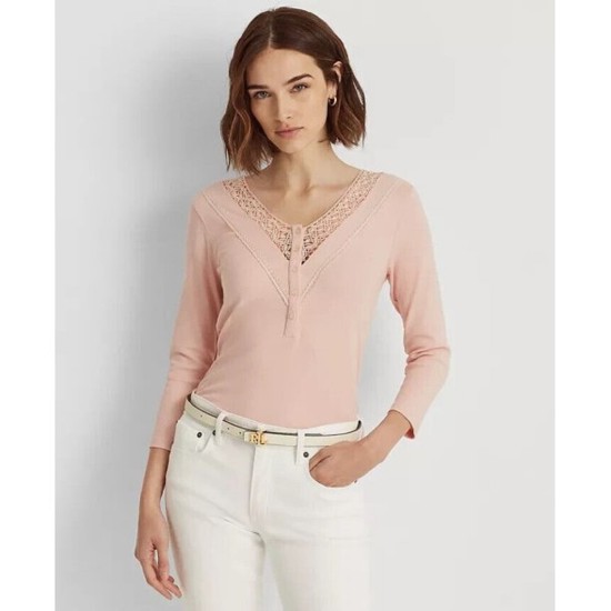  Womens Lace-Trim Henley Top, Pale Pink, Small