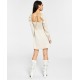  Blouson-Sleeve Mini Dress, Beige, Medium