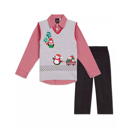 Little Boys Holiday Penguins 3 Piece Sweater Set, Red/Black/Grey, 7 Regular