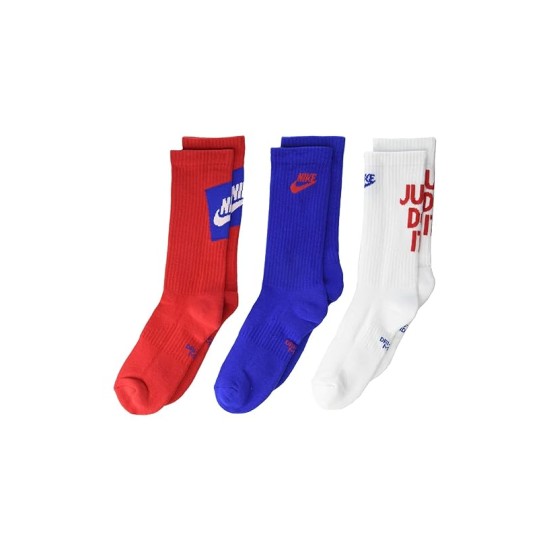  Kids Everyday Cushioned 3-Pair Socks, Red,Blue,White, 128/140