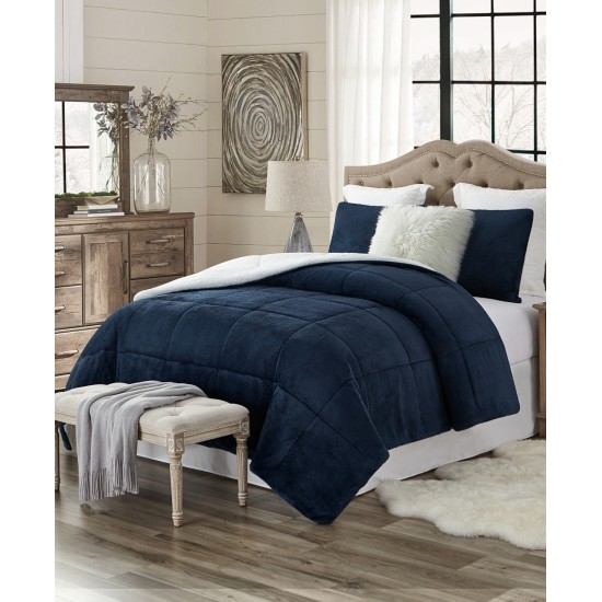  Faux Fur and Sherpa Reverse Comforter Set, Navy, Full Queen