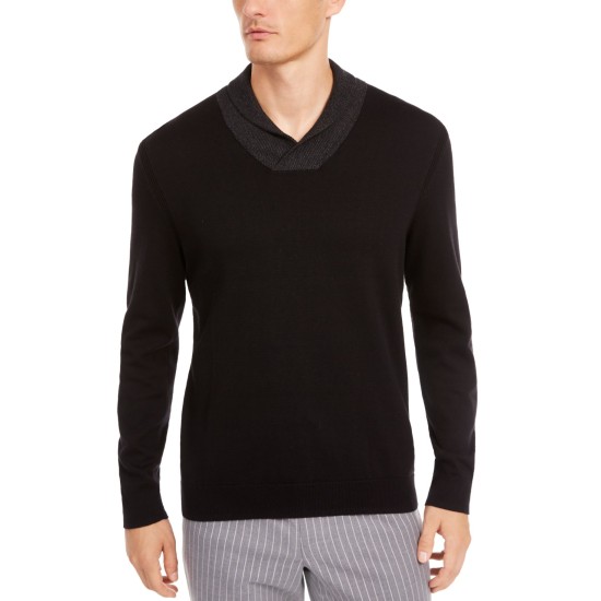  Men’s Contrast Shawl-Collar Supima Cotton Sweater(Black, 2XL)