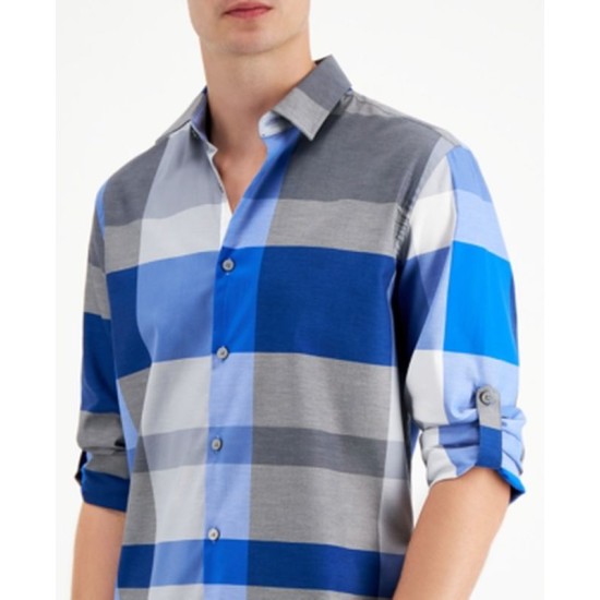  Men's Large Plaid Utility Shirt, Blue, Large