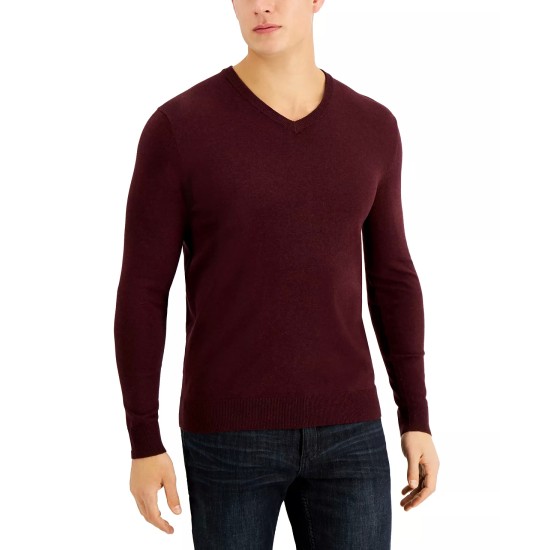  Men’s Solid V-Neck Cotton Sweater, Burgundy, X-Large