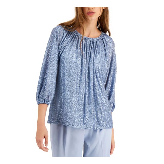  Womens Blue Sequined 3/4 Sleeve Scoop Neck Peasant Top Size XS