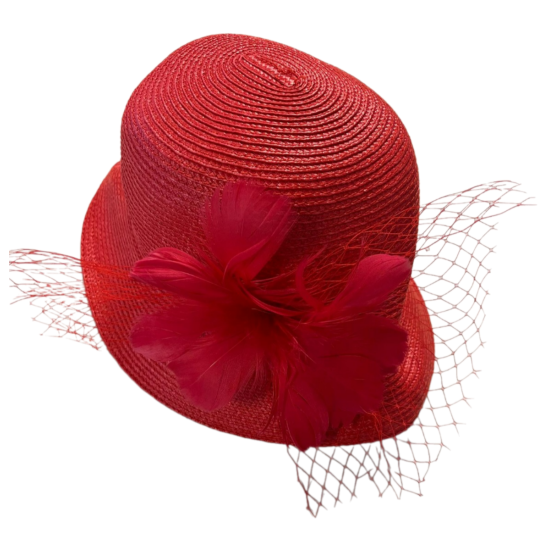  Cloche W/feather And Net, Red