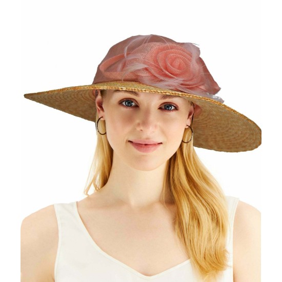  Fine Millinery Bow & Feather Accented Mesh Straw Hat, Pink