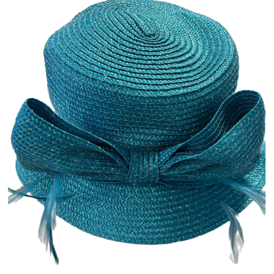  Metallic Bow Cloche Hat, Turquoise