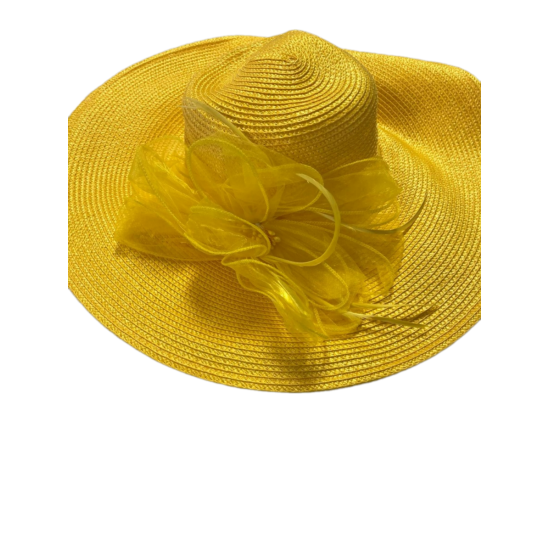 August Hat Fine Millinery Wide Brim Adjustable Organza Bow Yellow