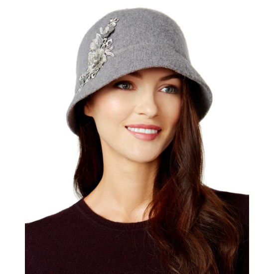  Women’s  Applique Melton Cloche Hat (Grey)