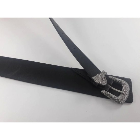  Western Buckle Faux Leather Belt Black, Large